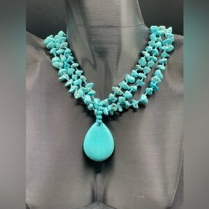 Vintage Navajo Turquoise NWOT Three Strand Beaded Necklace and Pendant 23” Long